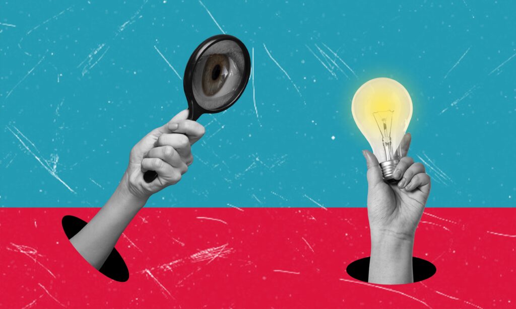 Conceptual artwork of magnifying glass with eye and lightbulb symbolizing research and innovation.