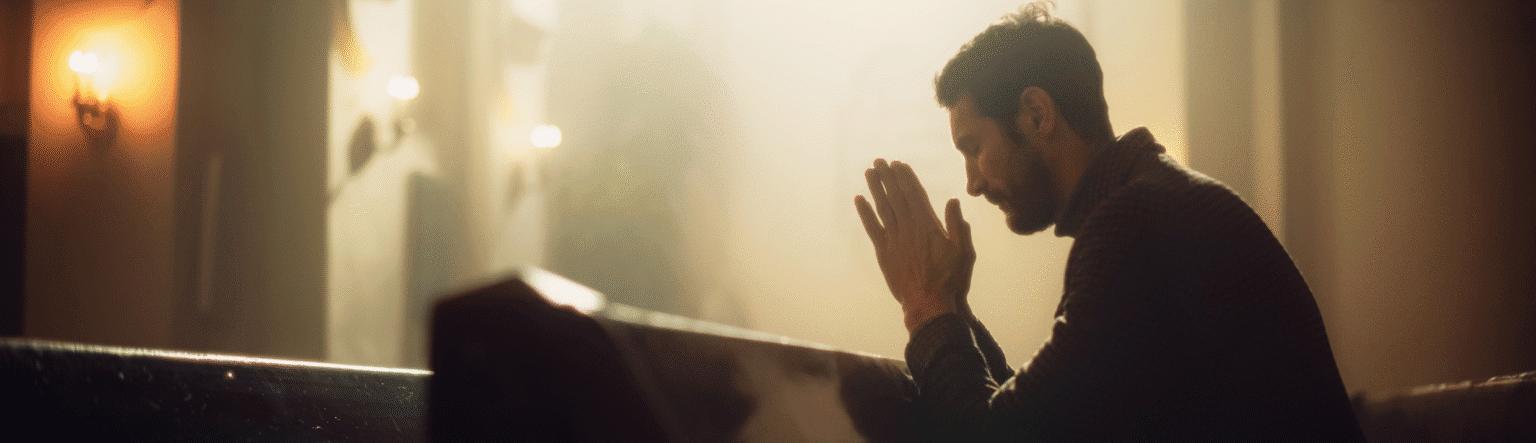 Man praying in a church pew. Sunlight is illuminating the room.