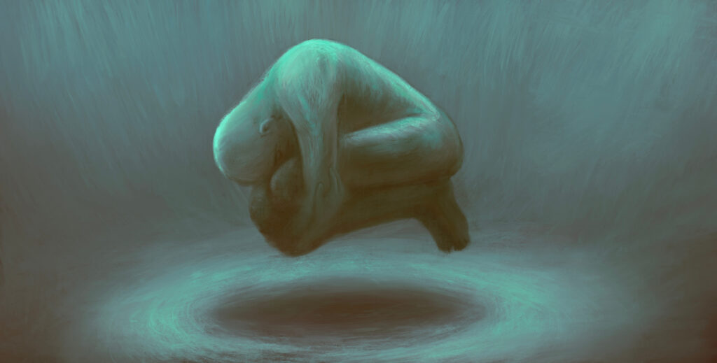 A surreal digital painting of a human-like figure curled into a fetal position, floating above a dark circular shadow or portal. The figure is rendered in shades of teal and blue, with soft, textured brushstrokes creating an ethereal, dreamlike atmosphere.