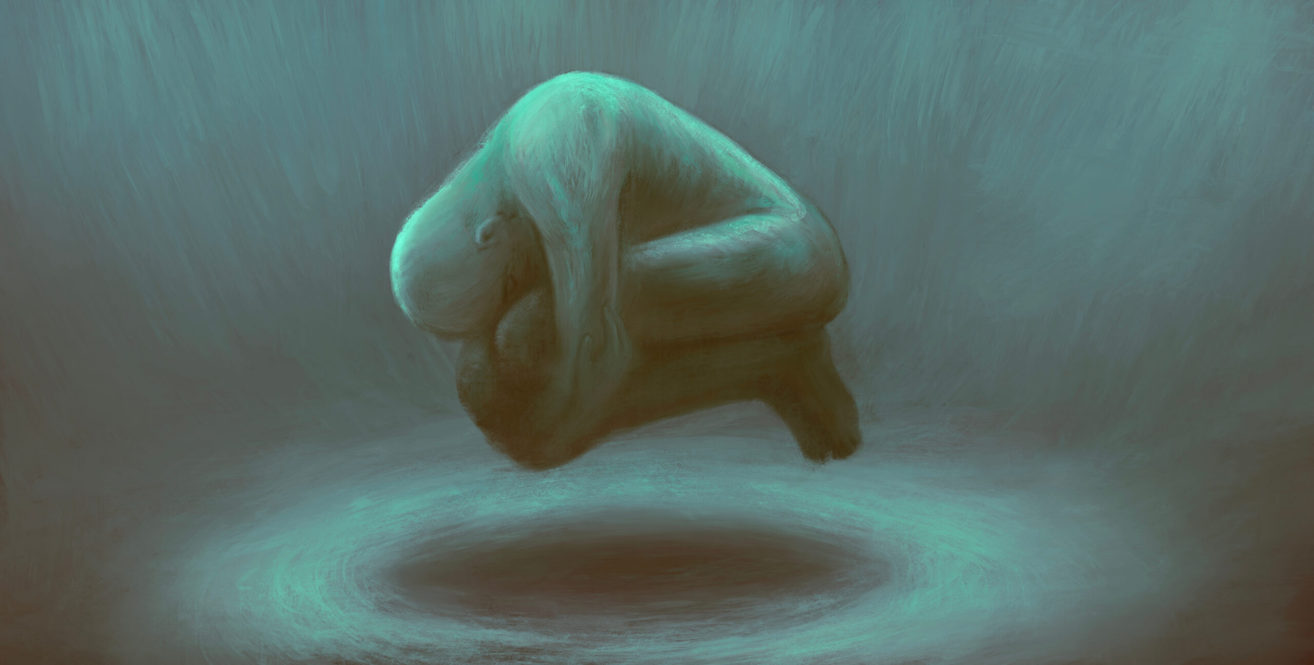 A surreal digital painting of a human-like figure curled into a fetal position, floating above a dark circular shadow or portal. The figure is rendered in shades of teal and blue, with soft, textured brushstrokes creating an ethereal, dreamlike atmosphere.