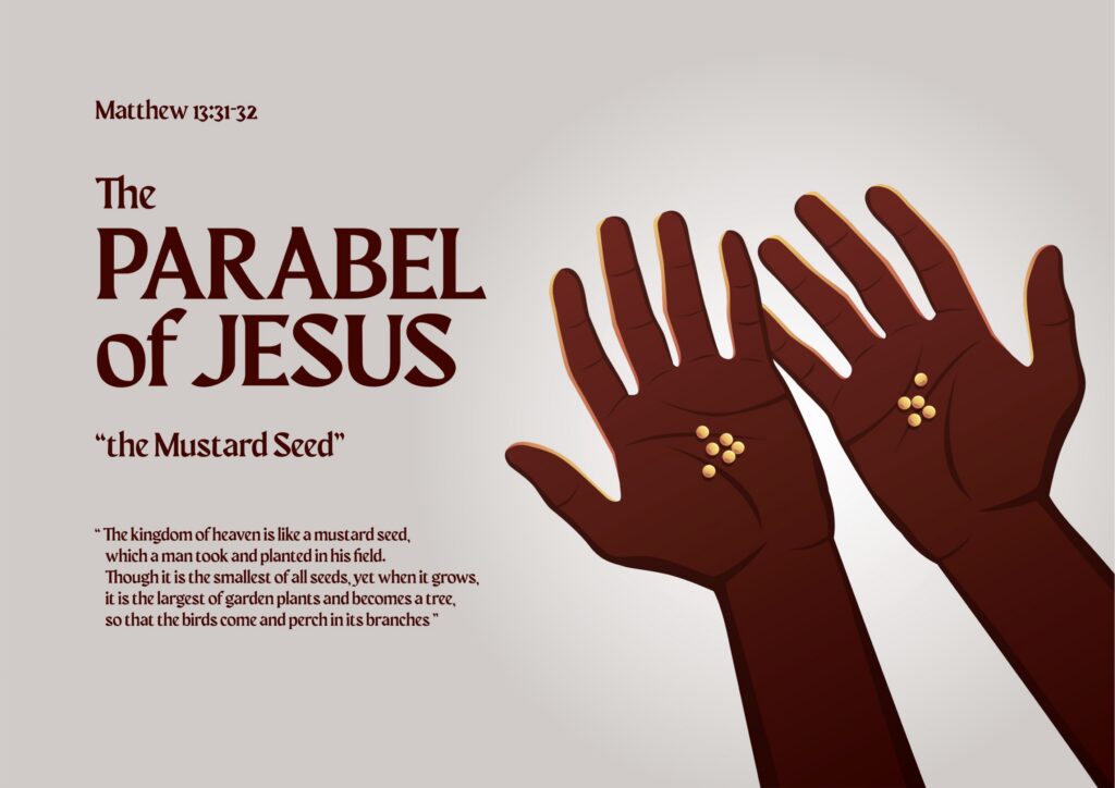 Illustration titled ‘The Parable of Jesus: The Mustard Seed’ with the scripture reference Matthew 13:31–32. On the right, two open brown hands are held upward, each holding several small yellow mustard seeds in the palms. On the left, text includes the parable describing the mustard seed growing from the smallest seed into a large tree where birds perch in its branches. The background is light beige.