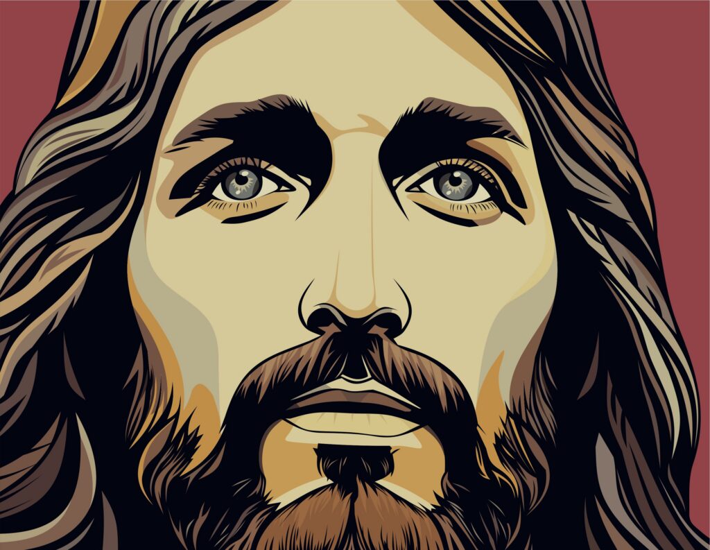 Stylized illustration of Jesus’ face in bold graphic art style, with long brown hair, a full beard, and light-colored eyes. The image uses warm tones and strong shadows against a muted red background.