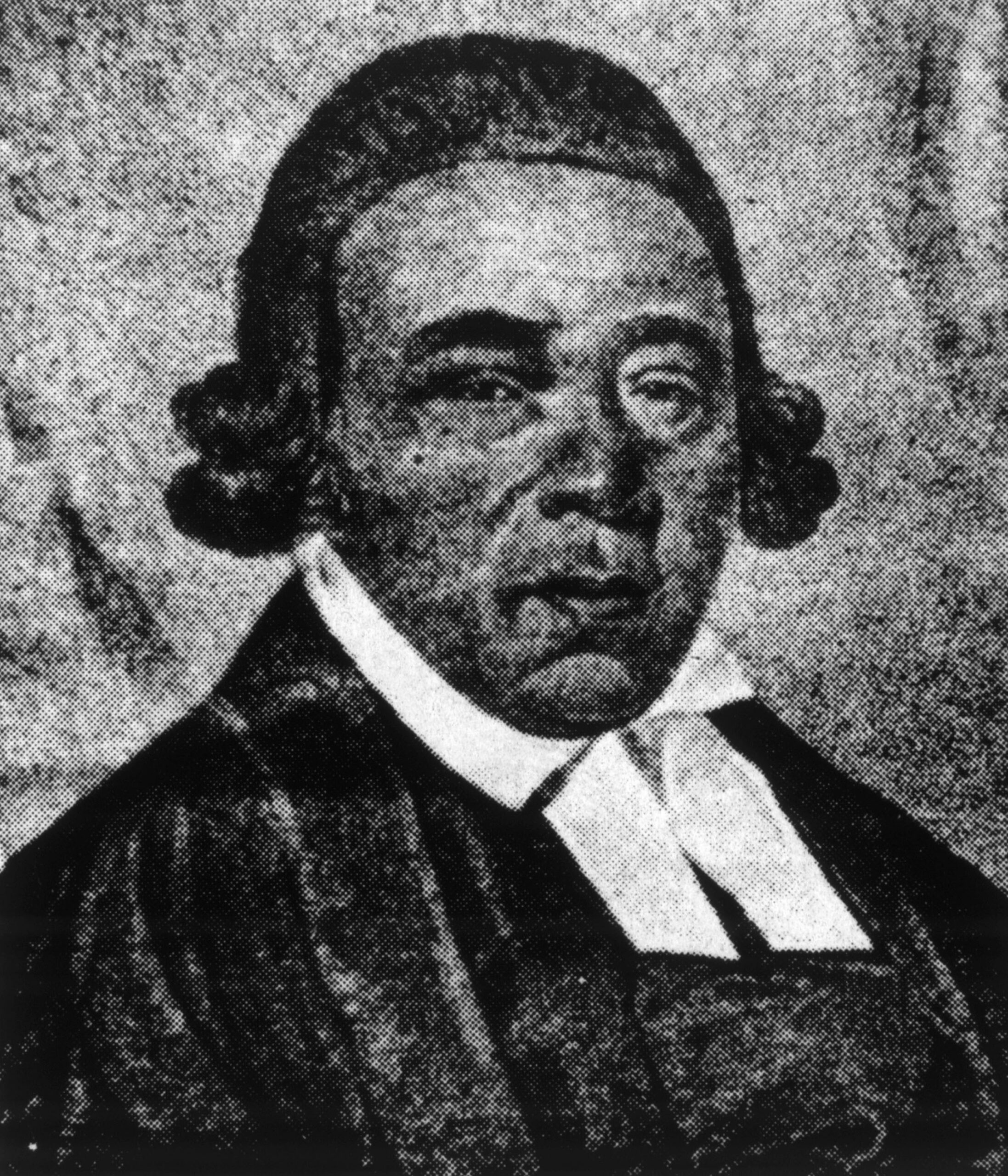 Black-and-white engraved portrait of Absalom Jones, the first Black priest in the Episcopal Church. He is shown wearing clerical clothing with a white cravat and dark robe, his hair styled in 18th-century fashion.