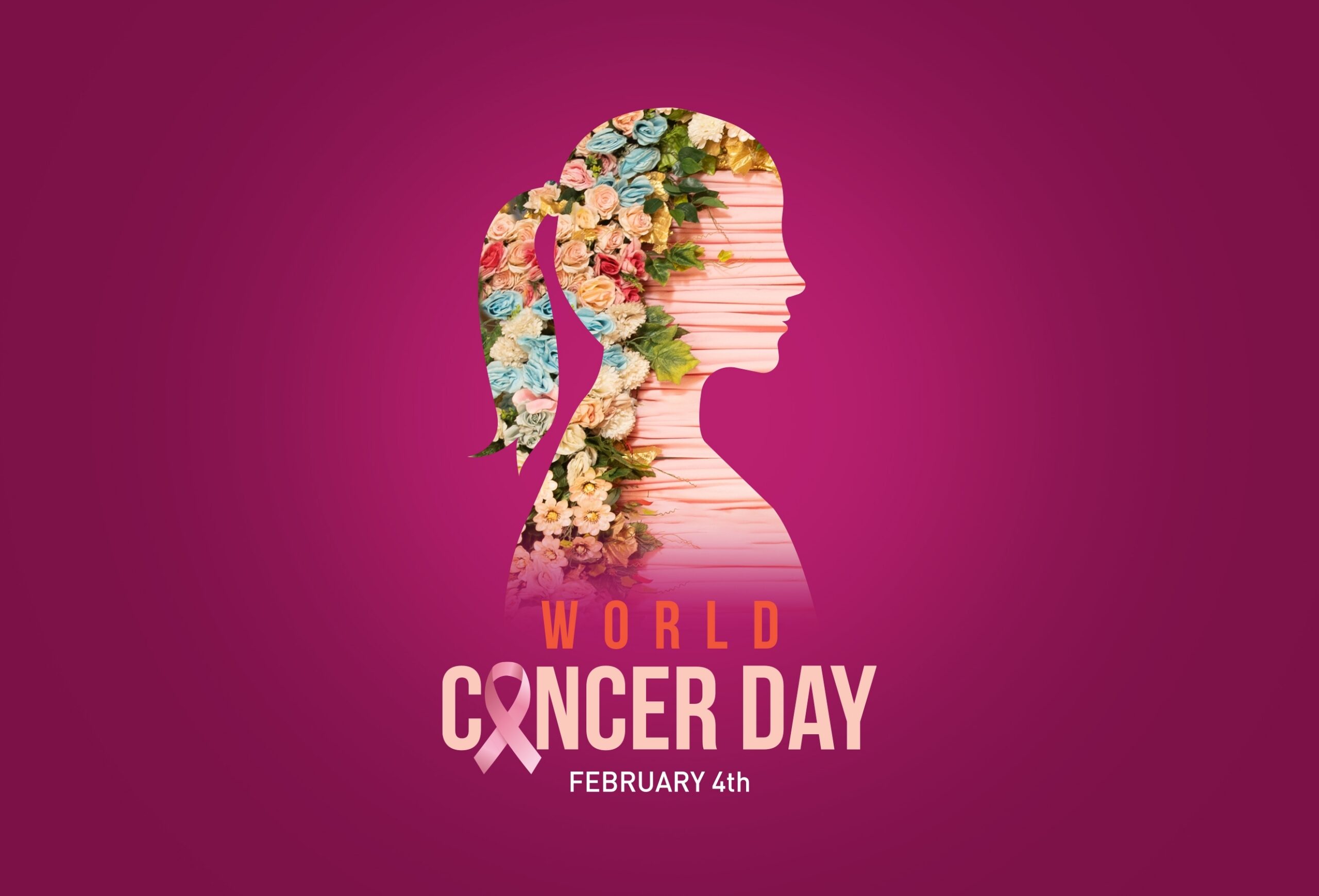 World Cancer Day graphic on a deep magenta background. A side-profile silhouette of a woman faces right; the left half of the silhouette is filled with colorful flowers and greenery, while the right half shows horizontal lines in soft pink tones. Below the silhouette, text reads ‘World Cancer Day’ with a pink awareness ribbon forming the letter ‘A’ in ‘Cancer,’ and ‘February 4th’ underneath.