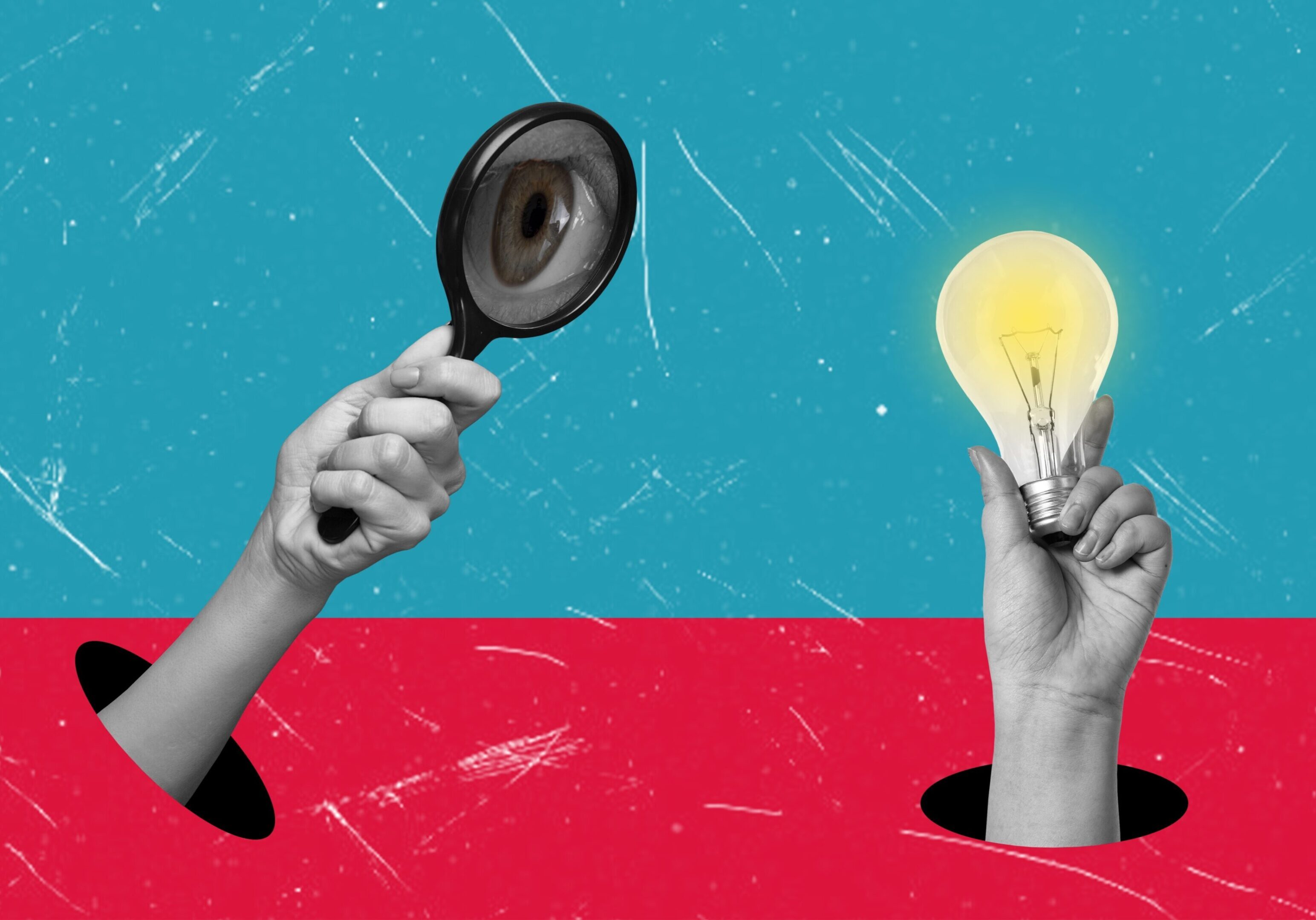 Conceptual artwork of magnifying glass with eye and lightbulb symbolizing research and innovation.