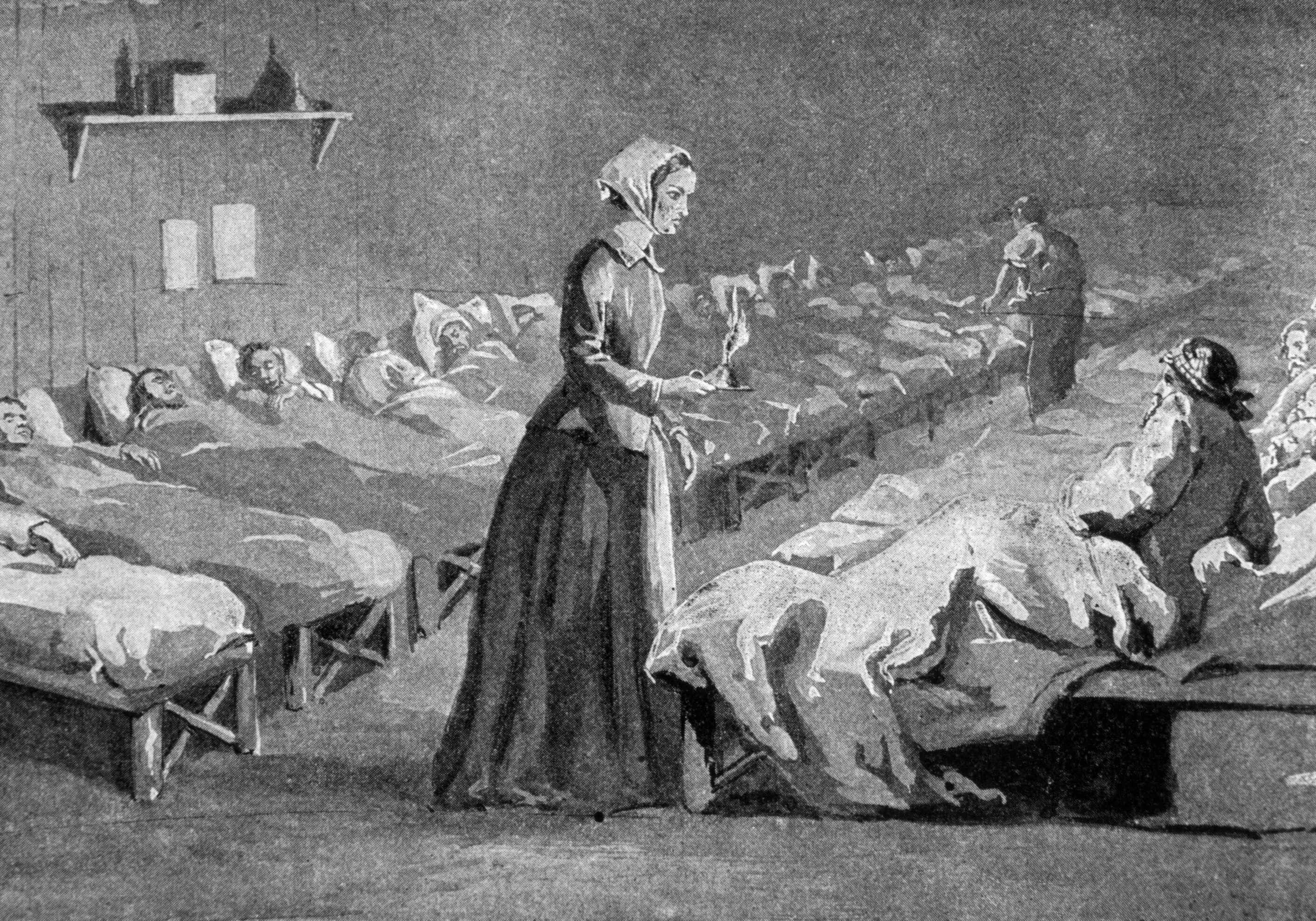 Florence Nightingale caring for soldiers with her lamp during the Crimean War, symbolizing the birth of modern nursing.