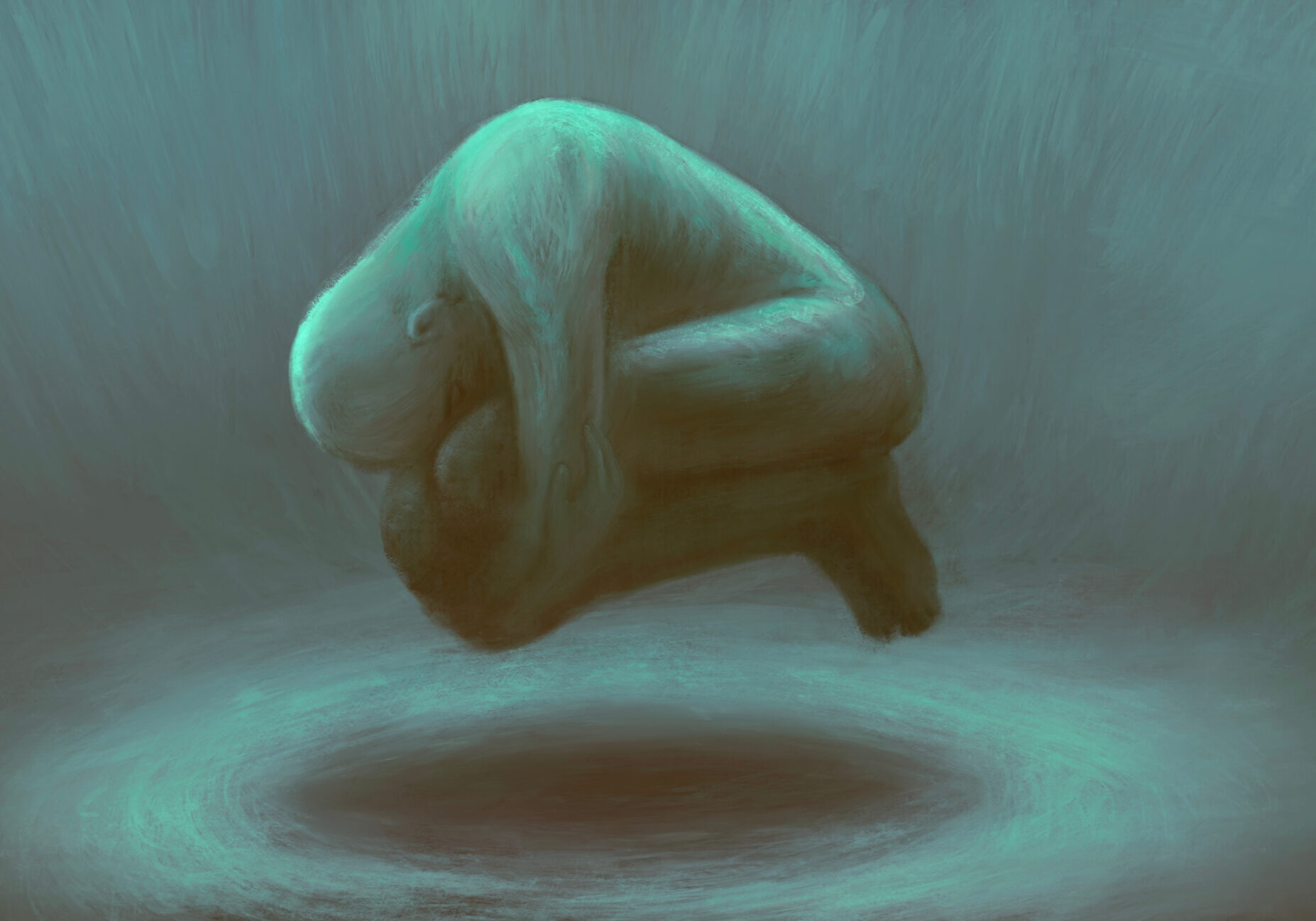 A surreal digital painting of a human-like figure curled into a fetal position, floating above a dark circular shadow or portal. The figure is rendered in shades of teal and blue, with soft, textured brushstrokes creating an ethereal, dreamlike atmosphere.