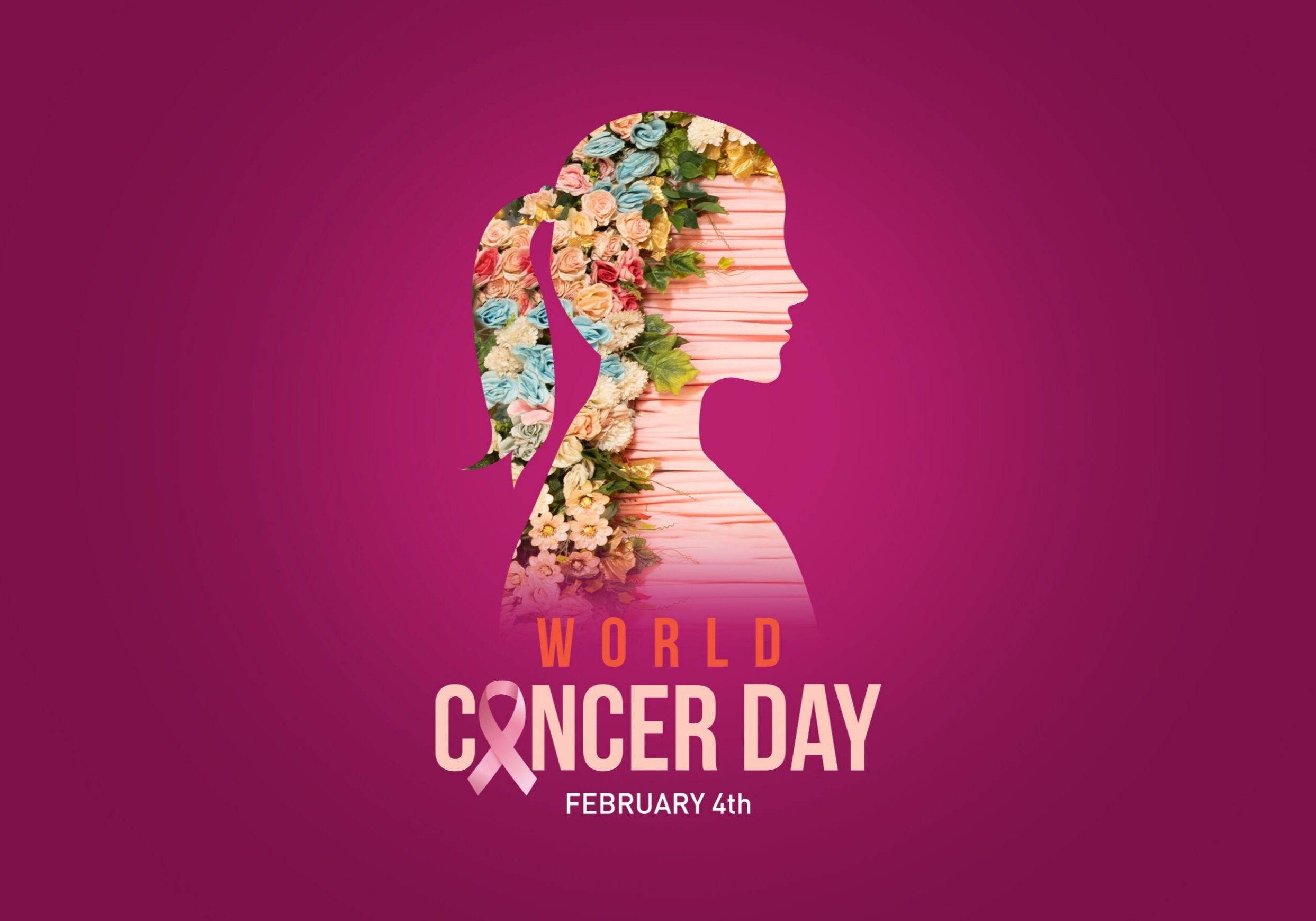 World Cancer Day graphic on a deep magenta background. A side-profile silhouette of a woman faces right; the left half of the silhouette is filled with colorful flowers and greenery, while the right half shows horizontal lines in soft pink tones. Below the silhouette, text reads ‘World Cancer Day’ with a pink awareness ribbon forming the letter ‘A’ in ‘Cancer,’ and ‘February 4th’ underneath.